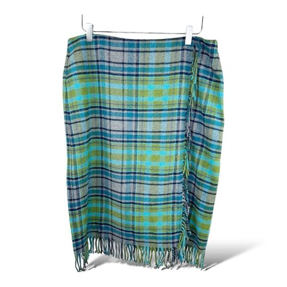 J. Jill Skirt Plaid Wool Blend Wrap Fringe Gray Green Blue Fall Womens 16 - Picture 1 of 13